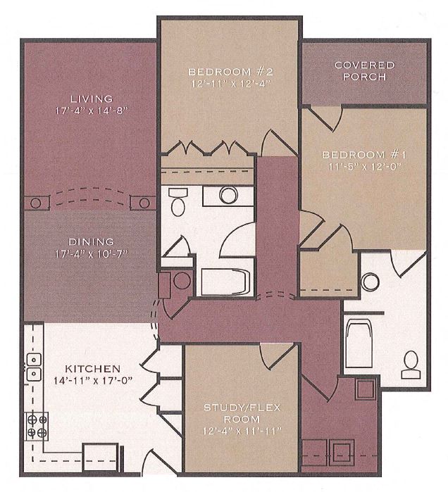 Floor plan for 2 beds, 2 baths, 1363 sqft